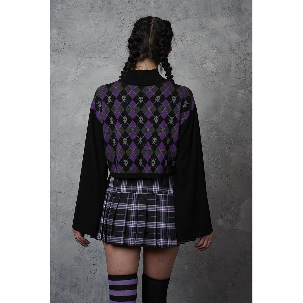 Banned - Skull Argyle Crop Jumper - Black/Purple